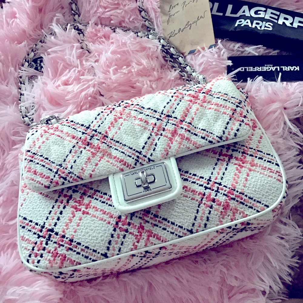 NEW $248 Chic Karl Lagerfeld Pink and White Plaid Women's Bag with Charms